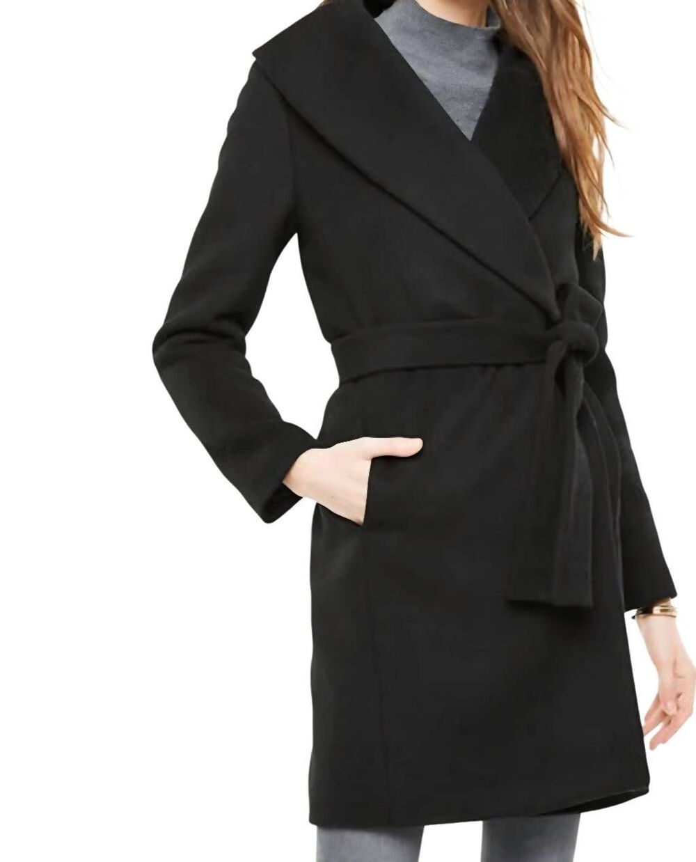 Ann Taylor Coat Women's Small Petite Black Shawl Collar Wrap Wool Minimalist